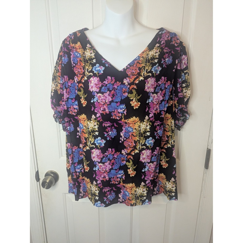 Rachel Rachel Roy Floral V-Neck Puff Sleeve Blouse Black Multi 2X NWT
